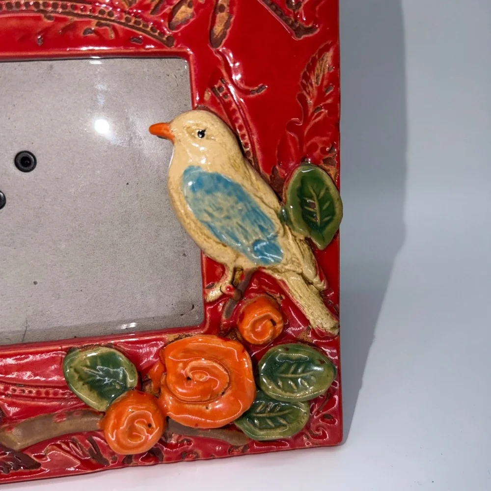 Red Ceramic Bird and Flower Embossed Photo Frame Square 4x4 Cottagecore